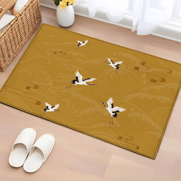 Bathroom Rugs 2x3 Ft, Japanese Style Non Slip Area Rugs for Kitchen Bedroom Entryway, Vintage Art Cranes Ocean Wave Yellow Washable Carpet Runner Rug Floor Mats for Bedroom Home Decor