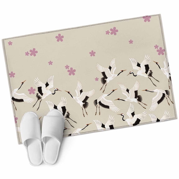Bathroom Rugs 2x3 Ft, Japanese White Crane Non Slip Area Rugs for Kitchen Bedroom Entryway, Pink Cherry Blossoms Vintage Beige Washable Carpet Runner Rug Floor Mats for Bedroom Home Decor