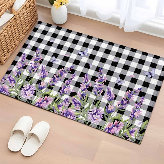 Bathroom Rugs 2x3 Ft, Lavender Floral Non Slip Area Rugs for Kitchen Bedroom Entryway, Purple Flowers Butterfly Black Gray Plaid Washable Carpet Runner Rug Floor Mats for Bedroom Home Decor