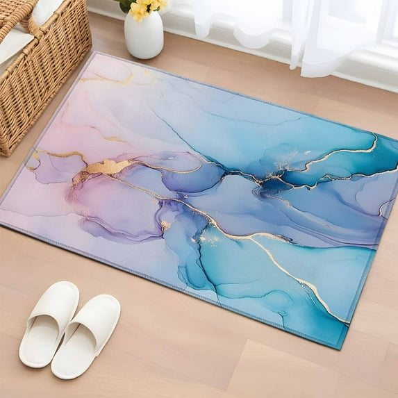 Bathroom Rugs 2x3 Ft, Marble Pink Blue Purple Non Slip Area Rugs for Kitchen Bedroom Entryway, Modern Abstract Art Ink Painting Washable Carpet Runner Rug Floor Mats for Bedroom Home Decor