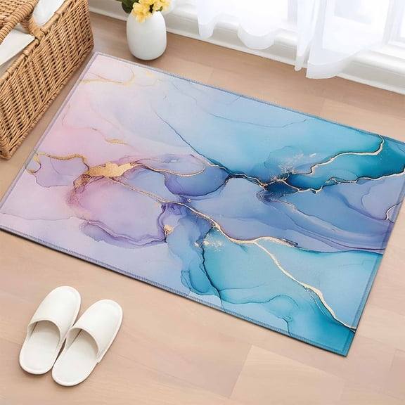 Bathroom Rugs 2x3 Ft, Marble Pink Blue Purple Non Slip Area Rugs for Kitchen Bedroom Entryway, Modern Abstract Art Ink Painting Washable Carpet Runner Rug Floor Mats for Bedroom Home Decor