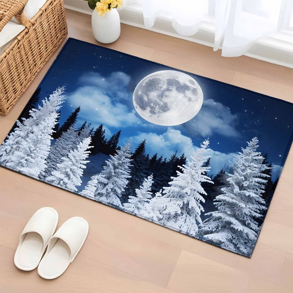 Bathroom Rugs 2x3 Ft, Moonlight Landscapes Non Slip Area Rugs for Kitchen Bedroom Entryway, Winter Christmas Trees Forest Washable Carpet Runner Rug Floor Mats for Bedroom Home Decor