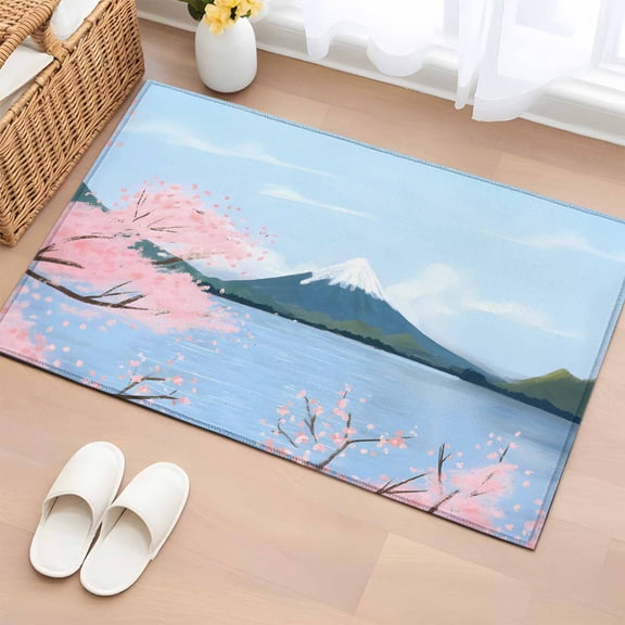 Bathroom Rugs 2x3 Ft, Nature Mountain Non Slip Area Rugs for Kitchen Bedroom Entryway, Spring Blossoms Cherry Flowers Scenery Washable Carpet Runner Rug Floor Mats for Bedroom Home Decor