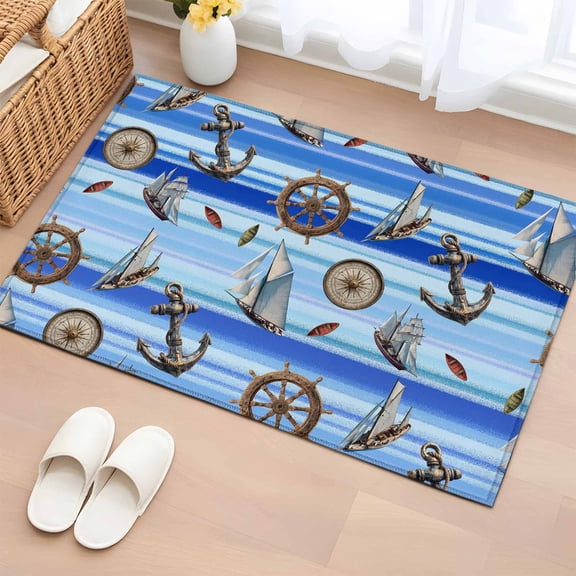 Bathroom Rugs 2x3 Ft, Nautical Anchor Compass Non Slip Area Rugs for Kitchen Bedroom Entryway, Coastal Blue Striped Washable Carpet Runner Rug Floor Mats for Bedroom Home Decor