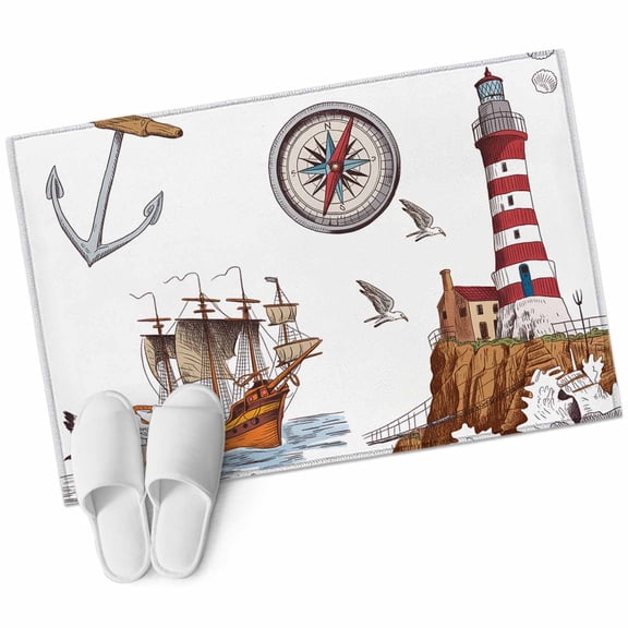 Bathroom Rugs 2x3 Ft, Nautical Lighthouses Non Slip Area Rugs for Kitchen Bedroom Entryway, Ocean Ship Anchors Seashells Birds Washable Carpet Runner Rug Floor Mats for Bedroom Home Decor