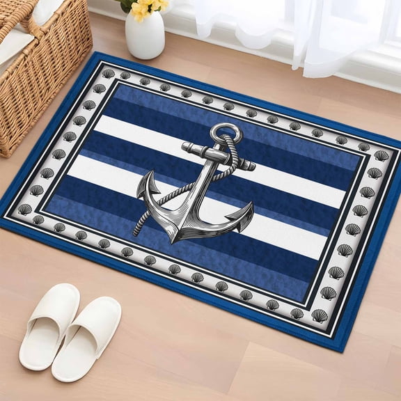 Bathroom Rugs 2x3 Ft, Navy Blue Anchor Non Slip Area Rugs for Kitchen Bedroom Entryway, Nautical Summer Beach Coastal Ocean Washable Carpet Runner Rug Floor Mats for Bedroom Home Decor