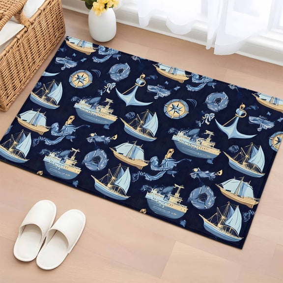 Bathroom Rugs 2x3 Ft, Navy Blue Coastal Non Slip Area Rugs for Kitchen Bedroom Entryway, Nautical Boat Ocean Summer Beach Washable Carpet Runner Rug Floor Mats for Bedroom Home Decor