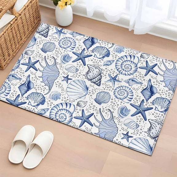 Bathroom Rugs 2x3 Ft, Navy Blue Coastal Non Slip Area Rugs for Kitchen Bedroom Entryway, Nautical Ocean Shell Starfish Sea Washable Carpet Runner Rug Floor Mats for Bedroom Home Decor