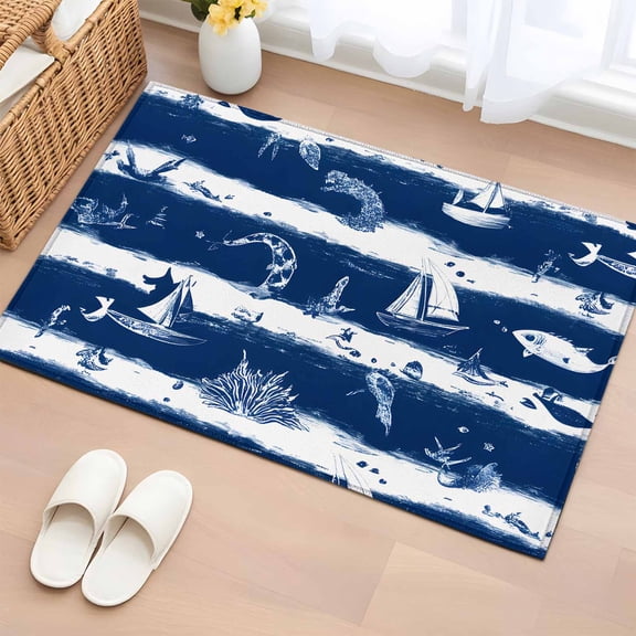 Bathroom Rugs 2x3 Ft, Navy Blue Coastal Non Slip Area Rugs for Kitchen Bedroom Entryway, White Summer Beach Nautical Ocean Washable Carpet Runner Rug Floor Mats for Bedroom Home Decor
