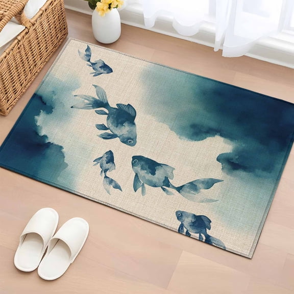Bathroom Rugs 2x3 Ft, Navy Blue Fish Non Slip Area Rugs for Kitchen Bedroom Entryway, Nautical Coastal Summer Ocean Modern Rustic Washable Carpet Runner Rug Floor Mats for Bedroom Home Decor