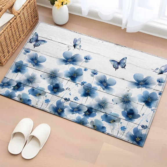 Bathroom Rugs 2x3 Ft, Navy Blue Floral Non Slip Area Rugs for Kitchen Bedroom Entryway, Spring Flowers Butterflies Wooden Washable Carpet Runner Rug Floor Mats for Bedroom Home Decor