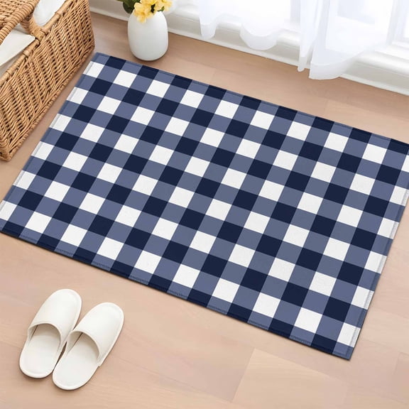 Bathroom Rugs 2x3 Ft, Navy Blue Plaid Non Slip Area Rugs for Kitchen Bedroom Entryway, White Checkered Farmhouse Buffalo Washable Carpet Runner Rug Floor Mats for Bedroom Home Decor