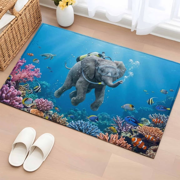 Bathroom Rugs 2x3 Ft, Ocean Diving Elephant Non Slip Area Rugs for Kitchen Bedroom Entryway, Blue Coastal Coral Fish Marine Life Washable Carpet Runner Rug Floor Mats for Bedroom Home Decor