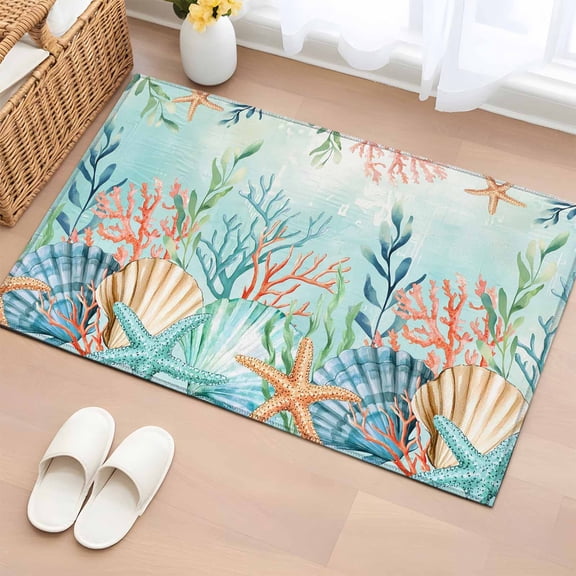 Bathroom Rugs 2x3 Ft, Ocean Starfish Seaweed Non Slip Area Rugs for Kitchen Bedroom Entryway, Summer Coastal Beach Shell Coral Teal Washable Carpet Runner Rug Floor Mats for Bedroom Home Decor