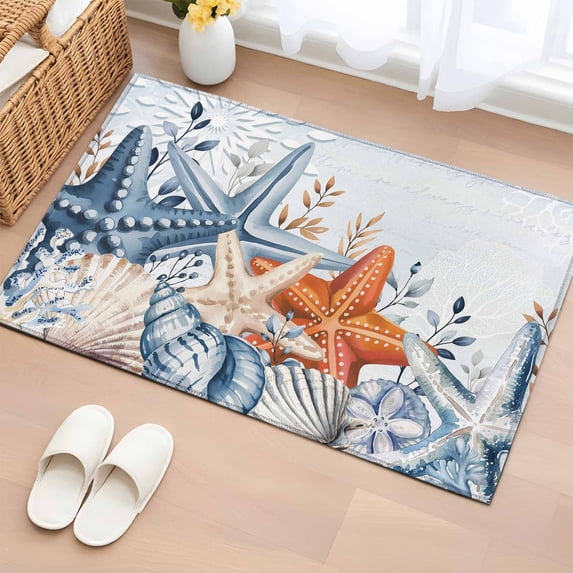 Bathroom Rugs 2x3 Ft, Orange Blue Starfish Coastal Non Slip Area Rugs for Kitchen Bedroom Entryway, Summer Beach Eucalyptus Washable Carpet Runner Rug Floor Mats for Bedroom Home Decor