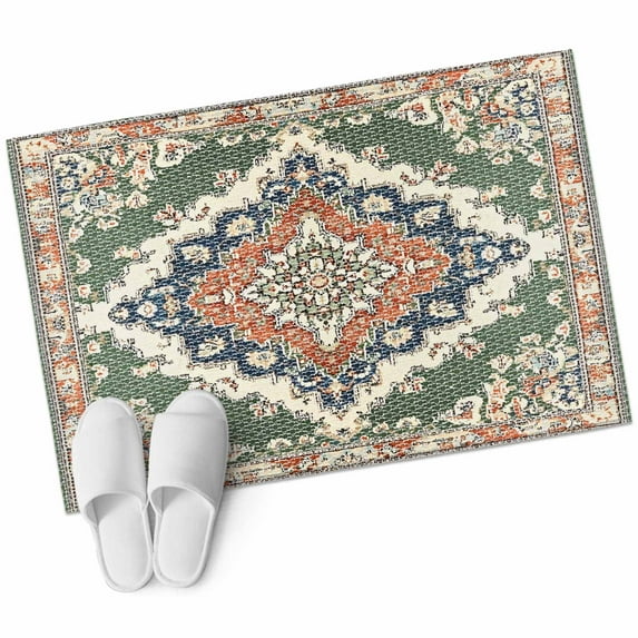 Bathroom Rugs 2x3 Ft, Orange Green Boho Non Slip Area Rugs for Kitchen Bedroom Entryway, Medieval Vintage Ethnic Floral Abstract Washable Carpet Runner Rug Floor Mats for Bedroom Home Decor