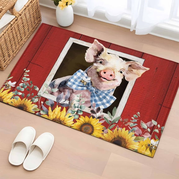 Bathroom Rugs 2x3 Ft, Pig Sunflowers Non Slip Area Rugs for Kitchen Bedroom Entryway, Eucalyptus Leaves Floral Bees Red Barn Washable Carpet Runner Rug Floor Mats for Bedroom Home Decor