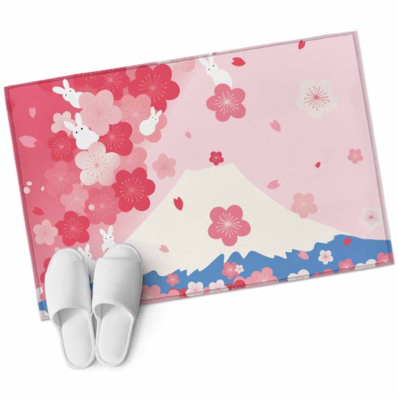Bathroom Rugs 2x3 Ft, Pink Cherry Blossoms Non Slip Area Rugs for Kitchen Bedroom Entryway, Harmony Mountain Fuji Cute Rabbit Washable Carpet Runner Rug Floor Mats for Bedroom Home Decor
