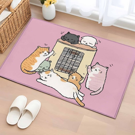 Bathroom Rugs 2x3 Ft, Pink Cute Cat Non Slip Area Rugs for Kitchen Bedroom Entryway, Cartoon Funny Heater Cats Washable Carpet Runner Rug Floor Mats for Bedroom Home Decor