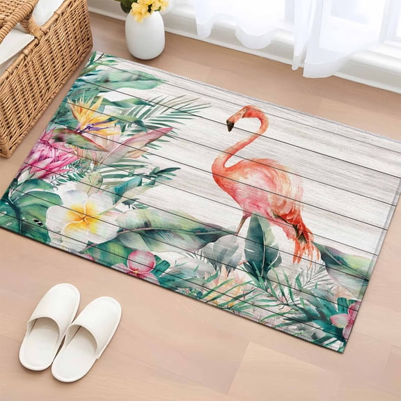 Bathroom Rugs 2x3 Ft, Pink Flamingo Non Slip Area Rugs for Kitchen Bedroom Entryway, Floral Summer Botanical Watercolor Wooden Washable Carpet Runner Rug Floor Mats for Bedroom Home Decor