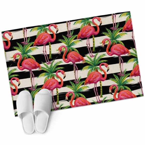 Bathroom Rugs 2x3 Ft, Pink Flamingo Non Slip Area Rugs for Kitchen Bedroom Entryway, Palm Leaf Black Striped Tropical Plant Washable Carpet Runner Rug Floor Mats for Bedroom Home Decor