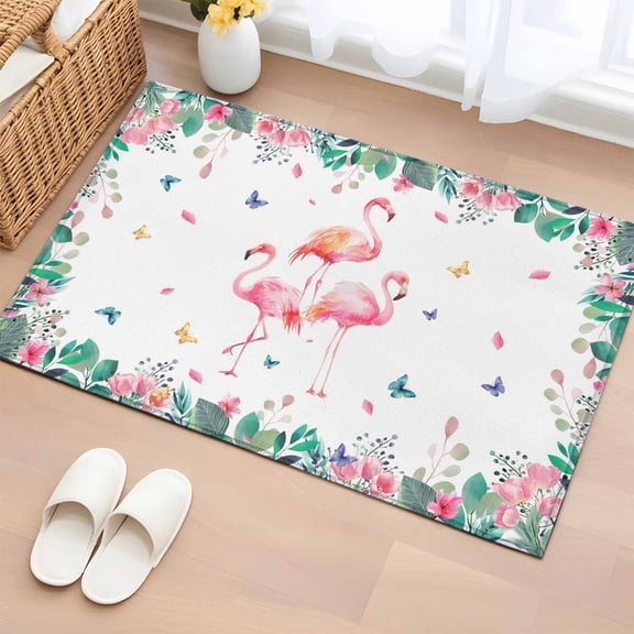 Bathroom Rugs 2x3 Ft, Pink Flamingo Non Slip Area Rugs for Kitchen Bedroom Entryway, Tropical Botanical Summer Butterfly Flower Washable Carpet Runner Rug Floor Mats for Bedroom Home Decor