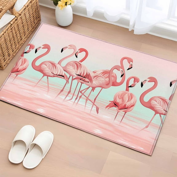 Bathroom Rugs 2x3 Ft, Pink Flamingo Non Slip Area Rugs for Kitchen Bedroom Entryway, Valentine's Day Birds Lake Animals Washable Carpet Runner Rug Floor Mats for Bedroom Home Decor