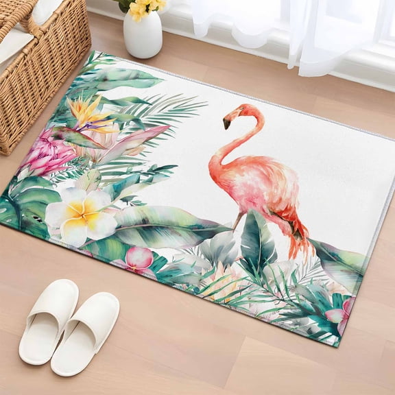 Bathroom Rugs 2x3 Ft, Pink Flamingo Non Slip Area Rugs for Kitchen Bedroom Entryway, Watercolor Summer Botanical Floral Washable Carpet Runner Rug Floor Mats for Bedroom Home Decor