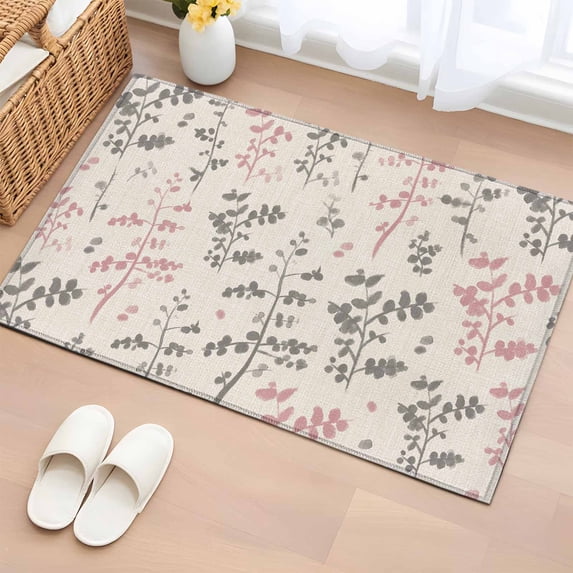 Bathroom Rugs 2x3 Ft, Pink Grey Botanical Non Slip Area Rugs for Kitchen Bedroom Entryway, Rustic Country Spring Floral Summer Leaf Washable Carpet Runner Rug Floor Mats for Bedroom Home Decor