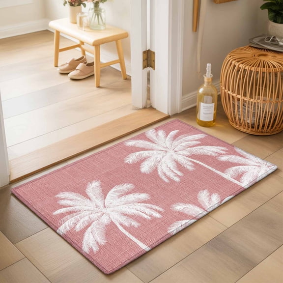 Bathroom Rugs 2x3 Ft, Pink Palm Trees Non Slip Area Rugs for Kitchen Bedroom Entryway, Farmhouse Tropical Summer Beach Washable Carpet Runner Rug Floor Mats for Bedroom Home Decor