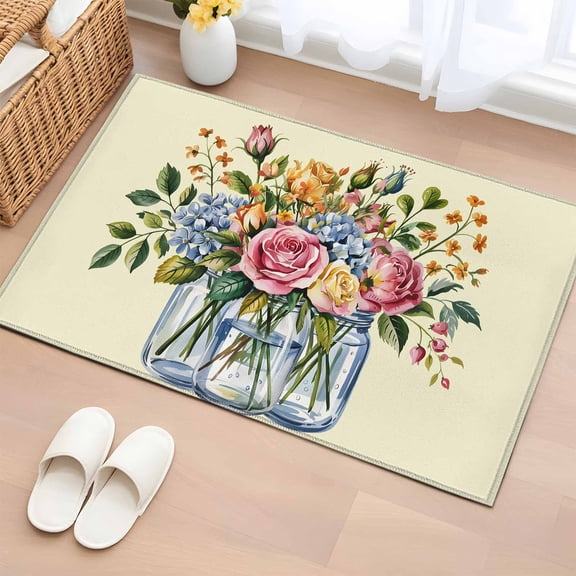 Bathroom Rugs 2x3 Ft, Pink Spring Floral Non Slip Area Rugs for Kitchen Bedroom Entryway, Watercolor Flowers Leaves Farmhouse Washable Carpet Runner Rug Floor Mats for Bedroom Home Decor