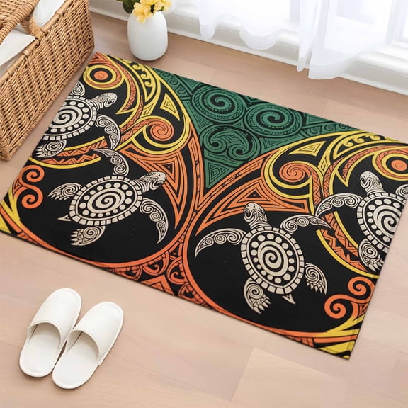Bathroom Rugs 2x3 Ft, Polynesia Texture Non Slip Area Rugs for Kitchen Bedroom Entryway, Abstract Traditional Tribe Sea Turtle Washable Carpet Runner Rug Floor Mats for Bedroom Home Decor