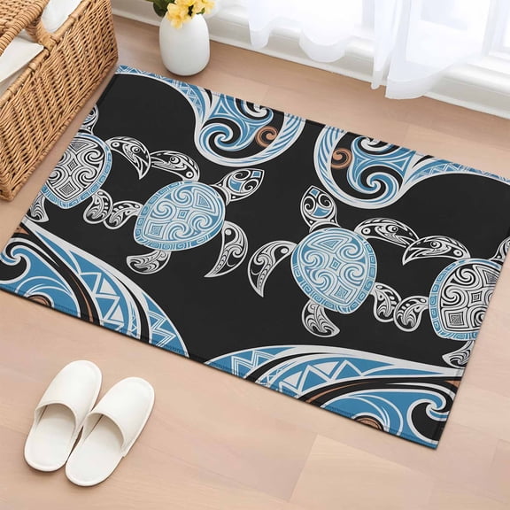 Bathroom Rugs 2x3 Ft, Polynesia Texture Non Slip Area Rugs for Kitchen Bedroom Entryway, Vintage Traditional Tribe Sea Turtle Abstract Washable Carpet Runner Rug Floor Mats for Bedroom Home Decor