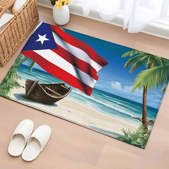 Bathroom Rugs 2x3 Ft, Puerto Rico Flag Sea Non Slip Area Rugs for Kitchen Bedroom Entryway, Beach Palm Trees Boat Nautical Washable Carpet Runner Rug Floor Mats for Bedroom Home Decor