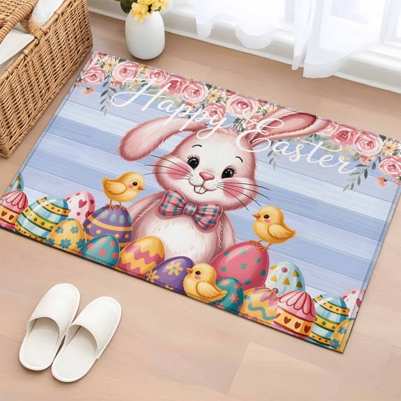 Bathroom Rugs 2x3 Ft, Purple Easter Bunny Non Slip Area Rugs for Kitchen Bedroom Entryway, Spring Easter Eggs Chicken Floral Wood Washable Carpet Runner Rug Floor Mats for Bedroom Home Decor
