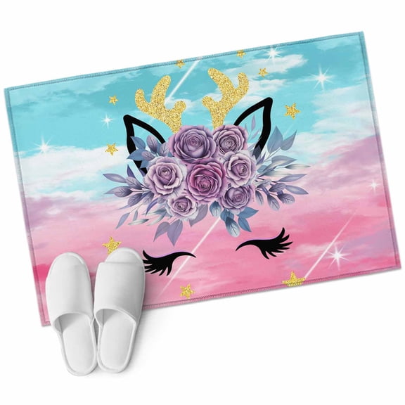Bathroom Rugs 2x3 Ft, Purple Rose Antlers Non Slip Area Rugs for Kitchen Bedroom Entryway, Abstract Art Teal Pink Fancy Flowers Washable Carpet Runner Rug Floor Mats for Bedroom Home Decor