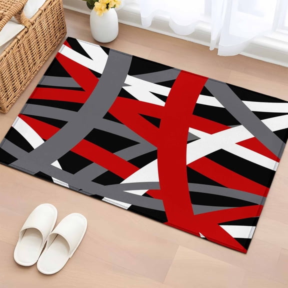Bathroom Rugs 2x3 Ft, Red Black Geometric Non Slip Area Rugs for Kitchen Bedroom Entryway, Modern Art Abstract Grey Line Washable Carpet Runner Rug Floor Mats for Bedroom Home Decor