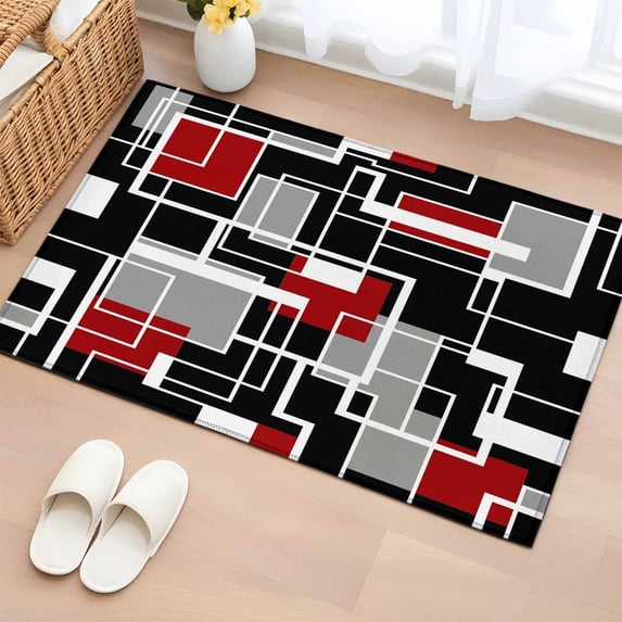 Bathroom Rugs 2x3 Ft, Red Black Geometric Non Slip Area Rugs for Kitchen Bedroom Entryway, Modern Color Block Abstract Washable Carpet Runner Rug Floor Mats for Bedroom Home Decor