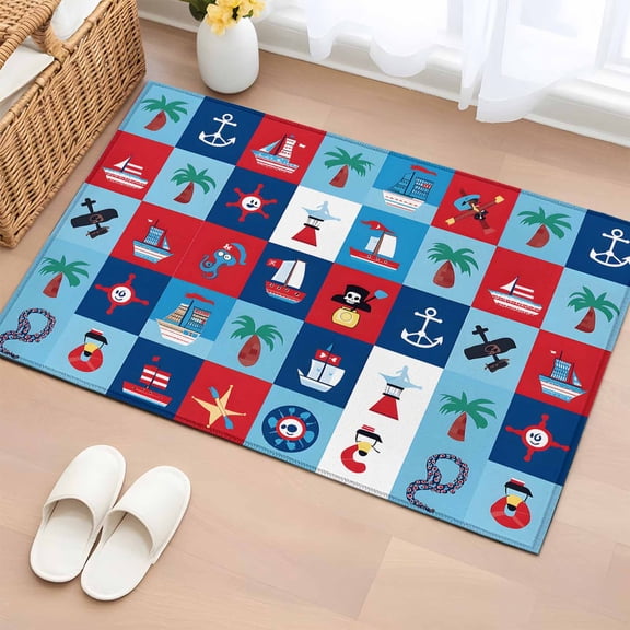 Bathroom Rugs 2x3 Ft, Red Blue Plaid Coastal Non Slip Area Rugs for Kitchen Bedroom Entryway, Nautical Summer Beach Ship Washable Carpet Runner Rug Floor Mats for Bedroom Home Decor
