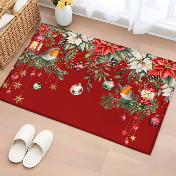 Bathroom Rugs 2x3 Ft, Red Christmas Non Slip Area Rugs for Kitchen Bedroom Entryway, Xams Tree Winter Poinsettia Pine Cones Washable Carpet Runner Rug Floor Mats for Bedroom Home Decor