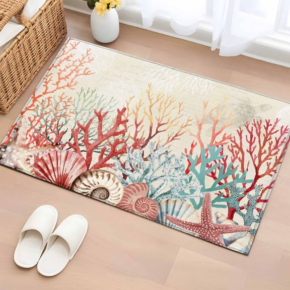 Bathroom Rugs 2x3 Ft, Red Coral Coastal Non Slip Area Rugs for Kitchen Bedroom Entryway, Summer Beach Ocean Shells Starfish Turtle Washable Carpet Runner Rug Floor Mats for Bedroom Home Decor