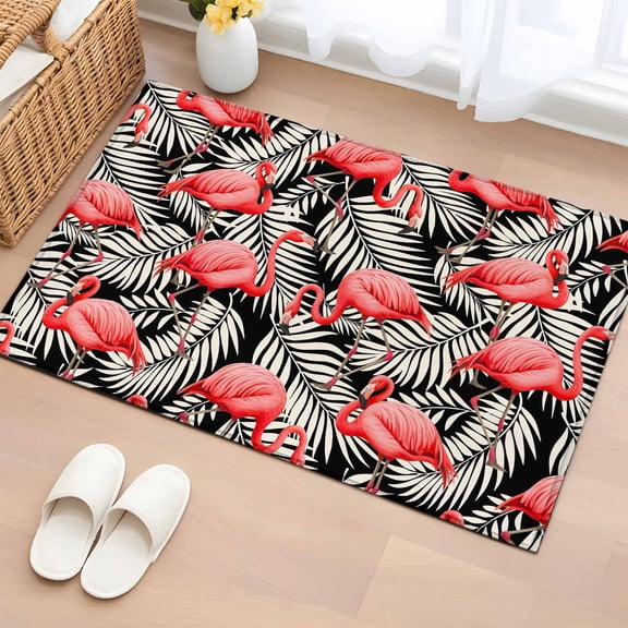 Bathroom Rugs 2x3 Ft, Red Flamingo Non Slip Area Rugs for Kitchen Bedroom Entryway, Summer Tropical Plants Leaves Botanical Black Washable Carpet Runner Rug Floor Mats for Bedroom Home Decor