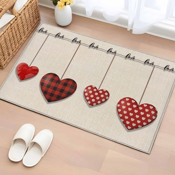 Bathroom Rugs 2x3 Ft, Red Love Non Slip Area Rugs for Kitchen Bedroom Entryway, Valentine's Day Heart Red Plaid Beige Washable Carpet Runner Rug Floor Mats for Bedroom Home Decor