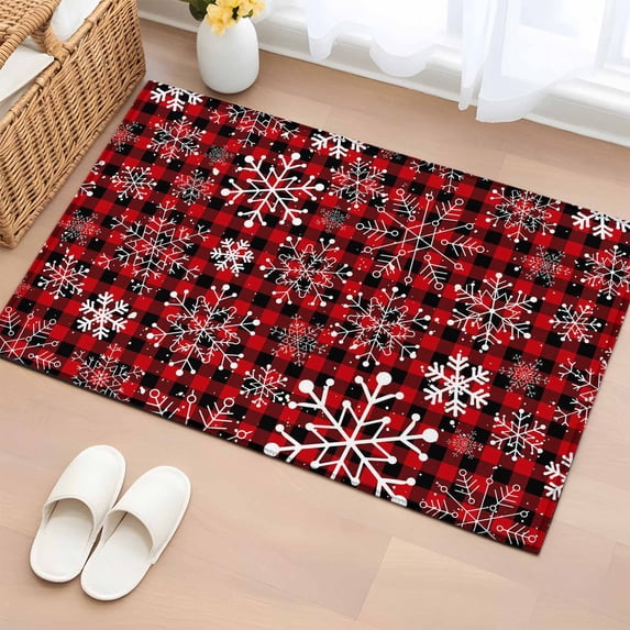 Bathroom Rugs 2x3 Ft, Red Snowflake Christmas Non Slip Area Rugs for Kitchen Bedroom Entryway, Black Plaid Xmas Winter Abstract Art Washable Carpet Runner Rug Floor Mats for Bedroom Home Decor