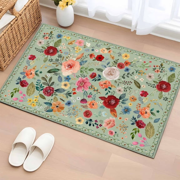Bathroom Rugs 2x3 Ft, Sage Green Floral Non Slip Area Rugs for Kitchen Bedroom Entryway, Spring Flowers Leaves Farmhouse Washable Carpet Runner Rug Floor Mats for Bedroom Home Decor