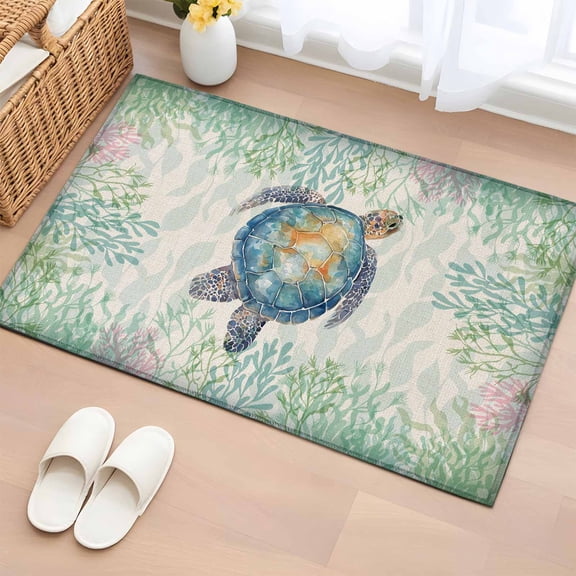 Bathroom Rugs 2x3 Ft, Sea Turtle Coastal Non Slip Area Rugs for Kitchen Bedroom Entryway, Blue Green Washable Carpet Runner Rug Floor Mats for Bedroom Home Decor Summer Beach Coral Ocean