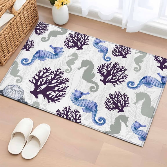 Bathroom Rugs 2x3 Ft, Seahorse Coral Coastal Non Slip Area Rugs for Kitchen Bedroom Entryway, Nautical Summer Beach Ocean Sea Washable Carpet Runner Rug Floor Mats for Bedroom Home Decor