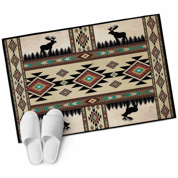 Bathroom Rugs 2x3 Ft, Southwest Aztec Non Slip Area Rugs for Kitchen Bedroom Entryway, Brown Forest Tree Elk Geometric Green Washable Carpet Runner Rug Floor Mats for Bedroom Home Decor