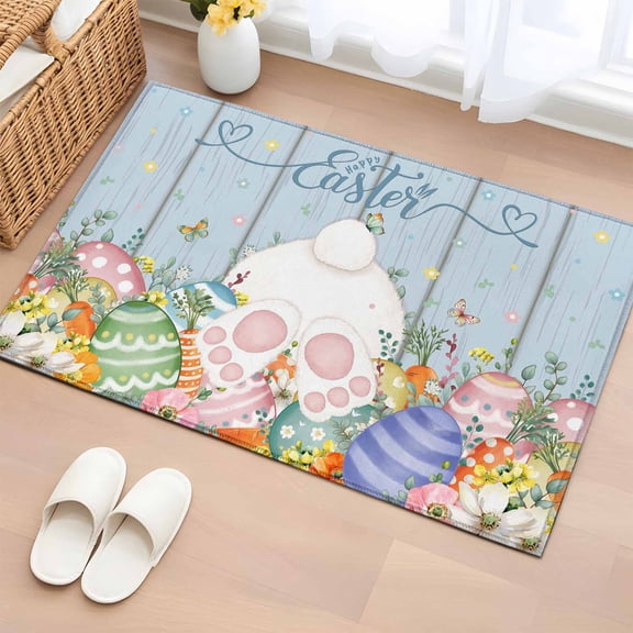 Bathroom Rugs 2x3 Ft, Spring Easter Non Slip Area Rugs for Kitchen Bedroom Entryway, Rabbit Ears Foot Colorful Eggs Wooden Plank Washable Carpet Runner Rug Floor Mats for Bedroom Home Decor