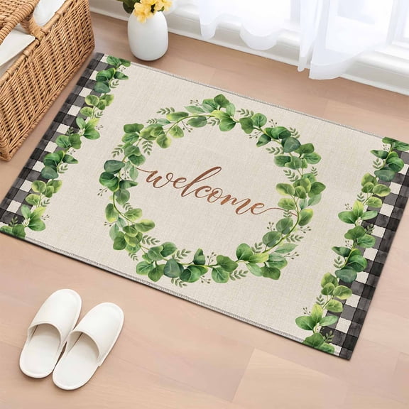 Bathroom Rugs 2x3 Ft, Spring Eucalyptus Leaves Non Slip Area Rugs for Kitchen Bedroom Entryway, Farmhouse Botanical Burlap Paid Washable Carpet Runner Rug Floor Mats for Bedroom Home Decor